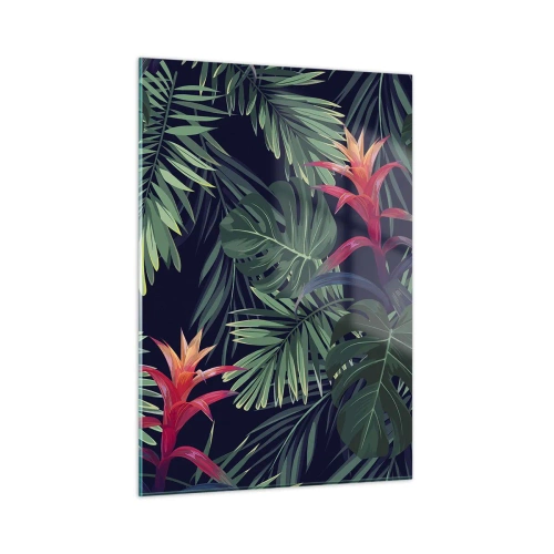 Impression sur verre - Image sur verre - Feuilles et fleurs exotiques sur fond sombre - 50x70cm - immergé dans la nature - Décoration murale moderne pour le salon et la chambre ARTTOR