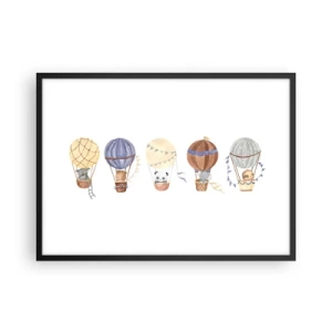 Affiche dans un cadre noir - Poster - Animaux mignons dans des ballons sur fond blanc - 70x50cm - Compagnons de voyage - Décoration murale moderne pour le salon et la chambre ARTTOR