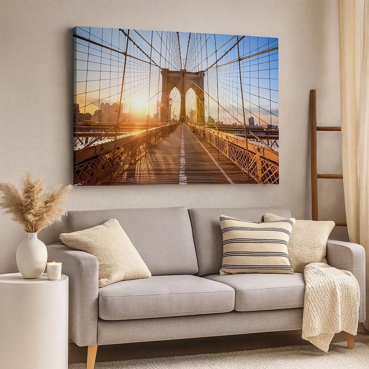 Impression sur toile - Image sur toile - Le pont à la lumière du soleil couchant avec vue sur la ville - 70x50cm - Sur le pont d'or - Décoration murale moderne pour le salon et la chambre ARTTOR