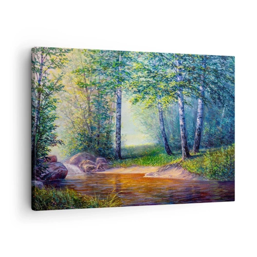 Impression sur toile - Image sur toile - Un ruisseau forestier entouré de bouleaux et de soleil - 70x50cm - Paysage idyllique - Décoration murale moderne pour le salon et la chambre ARTTOR