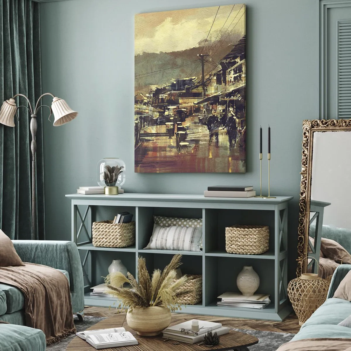 Impression sur toile - Image sur toile - Une ville avec un pont et des rues au style artistique - 50x70cm - La vie comme une richesse de gris - Décoration murale moderne pour le salon et la chambre ARTTOR
