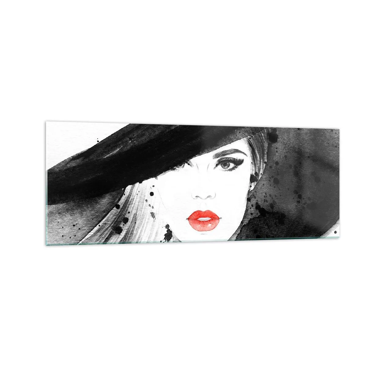 Impression sur verre - Image sur verre - Portrait d'une femme au chapeau et aux lèvres rouges - 140x50cm - Dame en noir - Décoration murale moderne pour le salon et la chambre ARTTOR