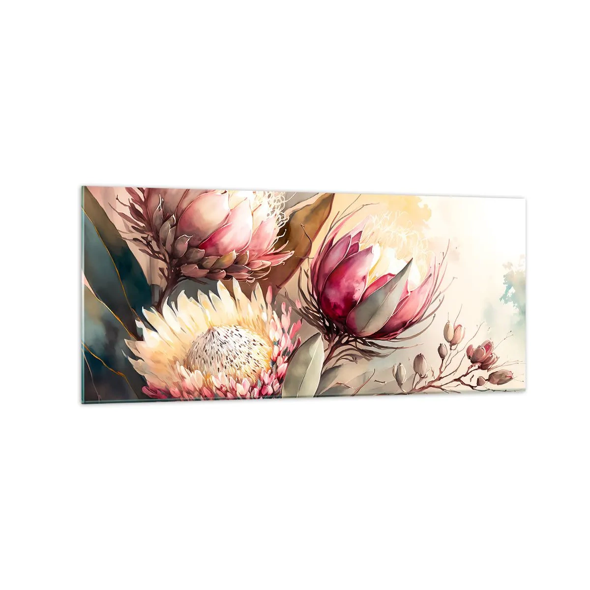 Impression sur verre - Image sur verre - Fleurs de Protea aux tons pastel délicats - 120x50cm - De profil et de face - Décoration murale moderne pour le salon et la chambre ARTTOR