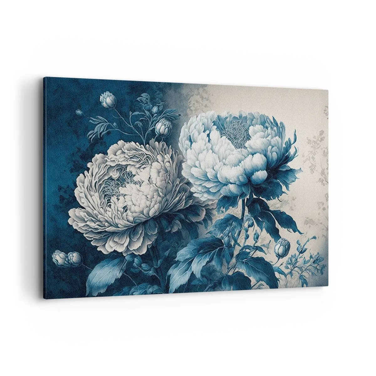 Impression sur toile - Image sur toile - Pivoines bleues sur un fond subtil avec un motif délicat - 100x70cm - Paire assortie - Décoration murale moderne pour le salon et la chambre ARTTOR