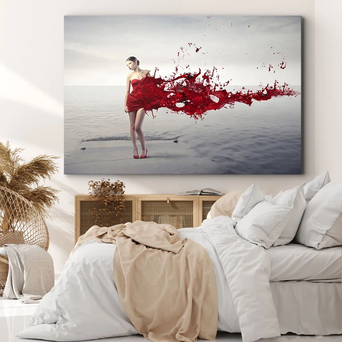 Impression sur toile - Image sur toile - Une femme en robe rouge dans une composition artistique au bord de l'eau - 100x70cm - Passionné comme l'écarlate - Décoration murale moderne pour le salon et la chambre ARTTOR