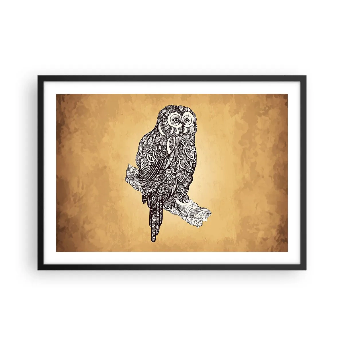 Affiche dans un cadre noir - Poster - Un hibou de style ornemental sur fond beige - 70x50cm - Ornements complexes de sagesse - Décoration murale moderne pour le salon et la chambre ARTTOR