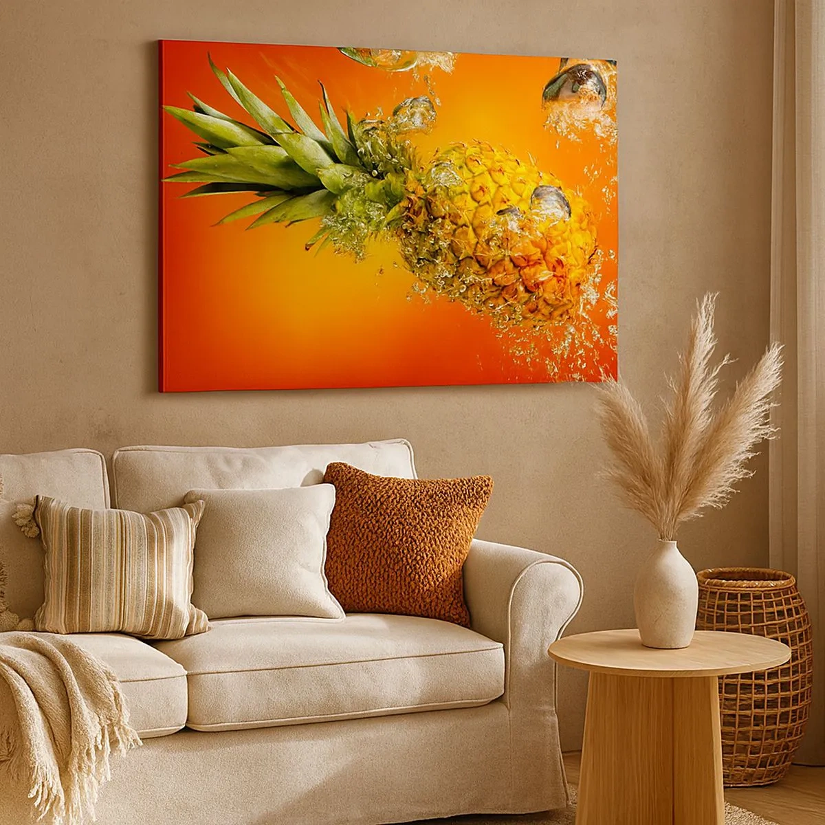 Impression sur toile - Image sur toile - Un ananas immergé dans l'eau sur un fond dégradé orange. - 70x50cm - Fraîcheur juteuse tropicale - Décoration murale moderne pour le salon et la chambre ARTTOR