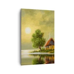 Impression sur toile - Image sur toile - Maison au bord du lac dans la lumière du coucher du soleil - 80x120cm - Beau, comme une image - Décoration murale moderne pour le salon et la chambre ARTTOR