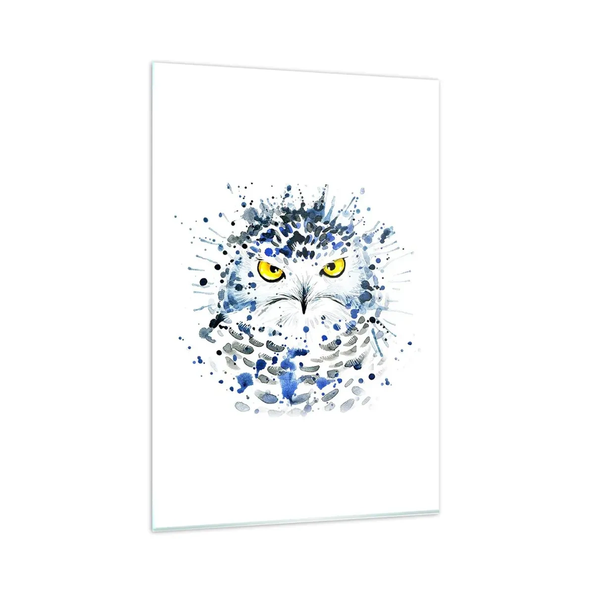 Impression sur verre - Image sur verre - Portrait abstrait d'un hibou aux couleurs bleu et jaune - 80x120cm - Droit dans les yeux - Décoration murale moderne pour le salon et la chambre ARTTOR