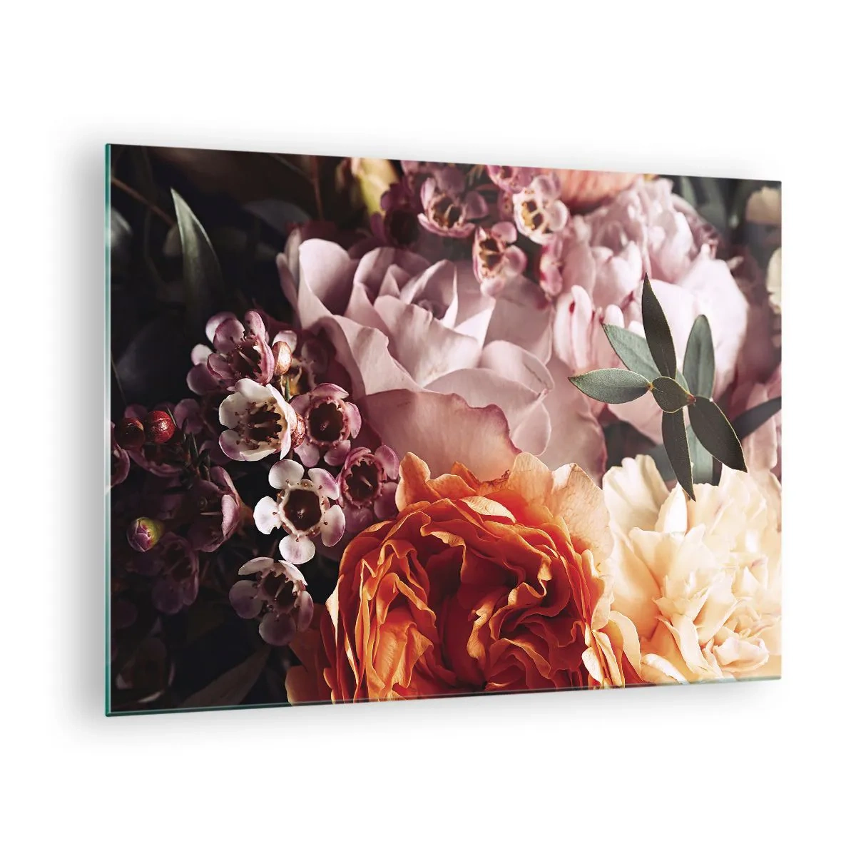 Impression sur verre - Image sur verre - Gros plan d'une composition de roses, d'œillets et de petites fleurs. - 70x50cm - Enveloppé de beauté - Décoration murale moderne pour le salon et la chambre ARTTOR