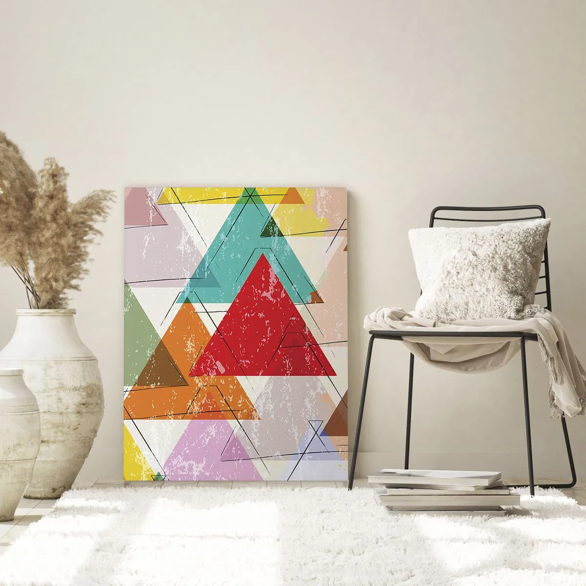 Impression sur verre - Image sur verre - Motif abstrait de triangles de différentes couleurs - 50x70cm - Trois par trois - Décoration murale moderne pour le salon et la chambre ARTTOR
