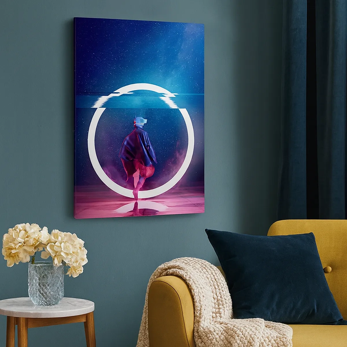 Impression sur toile - Image sur toile - Un personnage dans un environnement futuriste avec un cercle de néon - 50x70cm - Entre deux mondes - Décoration murale moderne pour le salon et la chambre ARTTOR