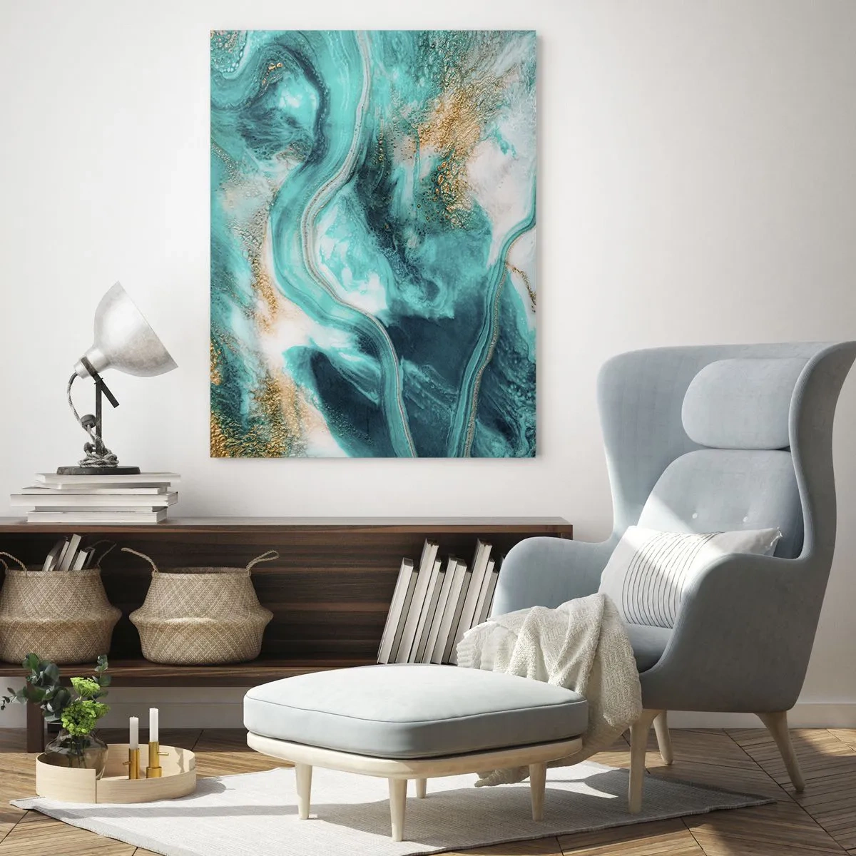 Impression sur verre - Image sur verre - Une composition abstraite en turquoise avec des accents dorés. - 50x70cm - Rivière d'or - Décoration murale moderne pour le salon et la chambre ARTTOR