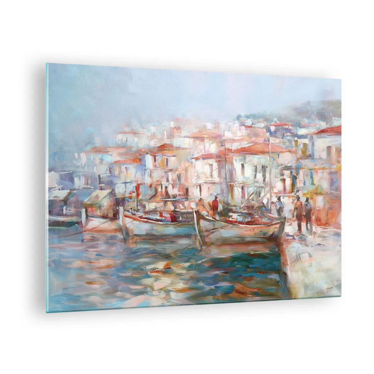 Impression sur verre - Image sur verre - Un port pittoresque avec des bateaux aux couleurs pastel - 70x50cm - Vacances pastelles - Décoration murale moderne pour le salon et la chambre ARTTOR