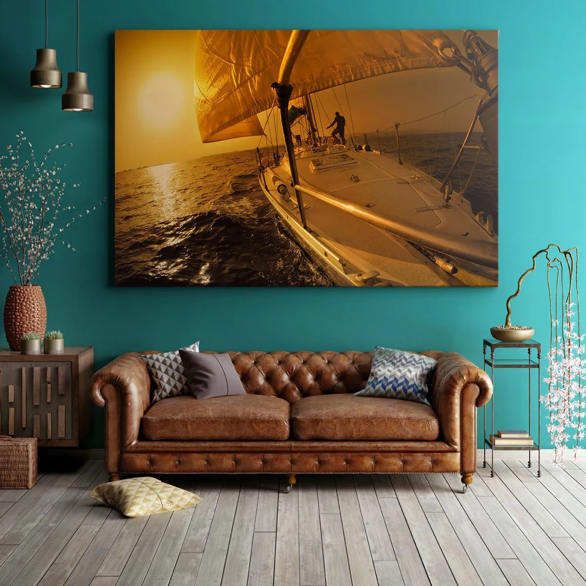 Impression sur toile - Image sur toile - Voilier en mer au coucher du soleil, lueur dorée. - 70x50cm - Une soirée en por après une journée haute en couleurs - Décoration murale moderne pour le salon et la chambre ARTTOR