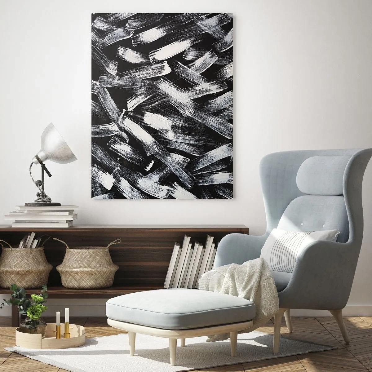 Impression sur verre - Image sur verre - Abstraction dynamique avec des coups de pinceau blancs sur fond noir. - 70x100cm - L'abstraction dans l'esprit industriel - Décoration murale moderne pour le salon et la chambre ARTTOR