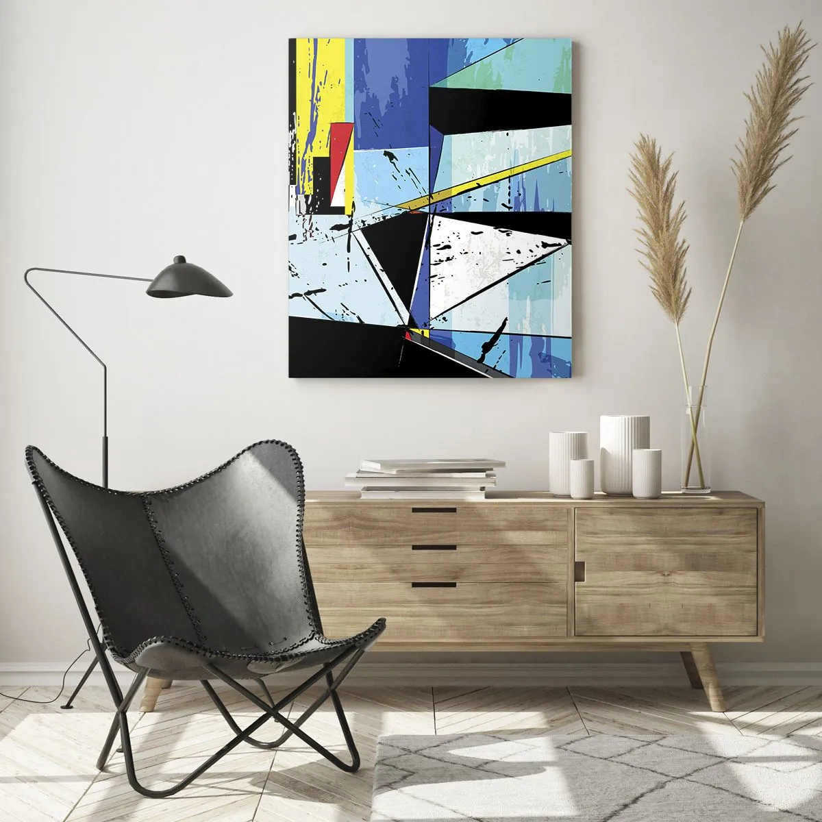 Impression sur verre - Image sur verre - Composition géométrique abstraite dans les tons de bleu - 50x70cm - Regardez le monde sous un certain angle… - Décoration murale moderne pour le salon et la chambre ARTTOR
