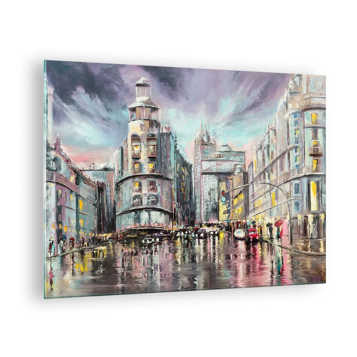 Impression sur verre - Image sur verre - Une rue de la ville sous la pluie avec un reflet spectaculaire des lumières - 70x50cm - Ce sera une soirée réussie - Décoration murale moderne pour le salon et la chambre ARTTOR