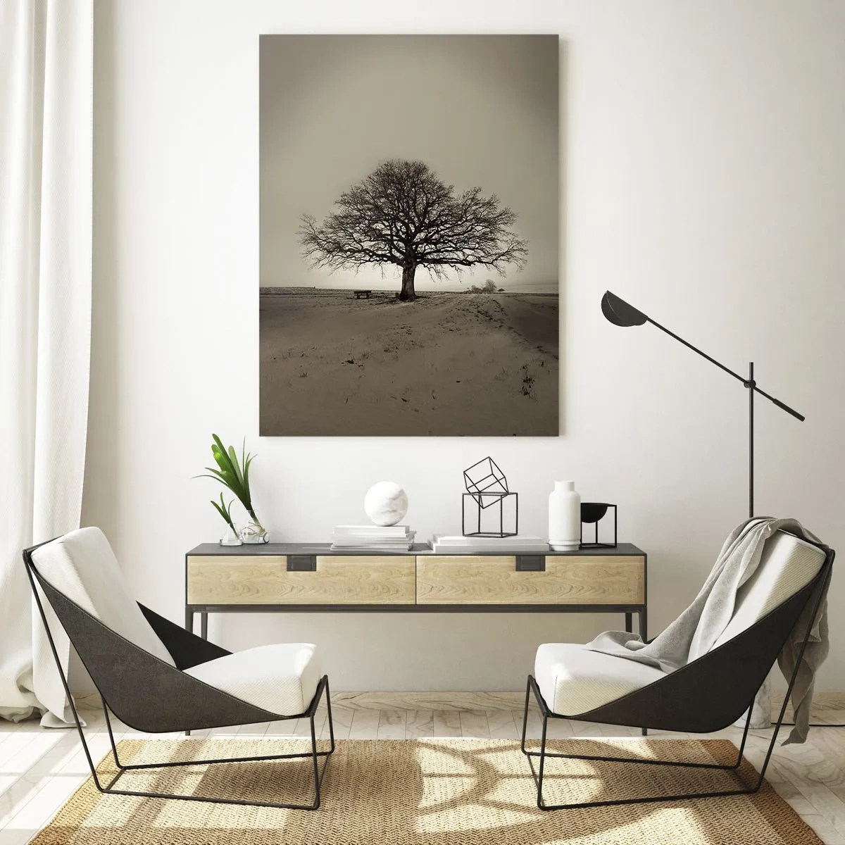 Impression sur verre - Image sur verre - Un arbre solitaire dans un champ de sépia - 70x100cm - D'ici à l'éternité - Décoration murale moderne pour le salon et la chambre ARTTOR