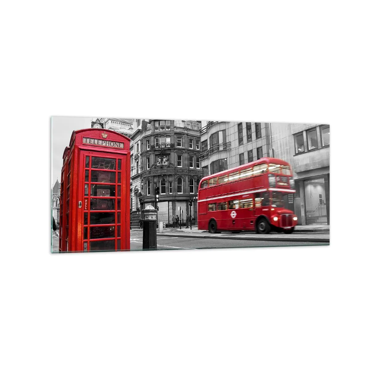 Impression sur verre - Image sur verre - Une cabine téléphonique rouge et un bus à impériale à Londres avec la ville en arrière-plan - 120x50cm - Le plus rouge d'Europe - Décoration murale moderne pour le salon et la chambre ARTTOR