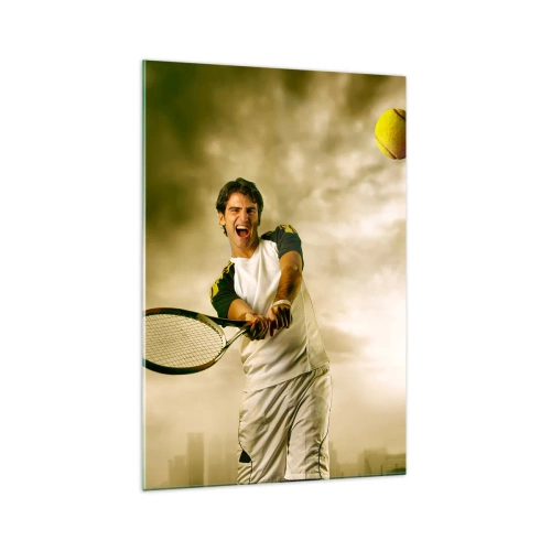 Impression sur verre - Image sur verre - Joueur de tennis en action lors d'un match avec en toile de fond un paysage urbain - 70x100cm - Énergie et joie - Décoration murale moderne pour le salon et la chambre ARTTOR