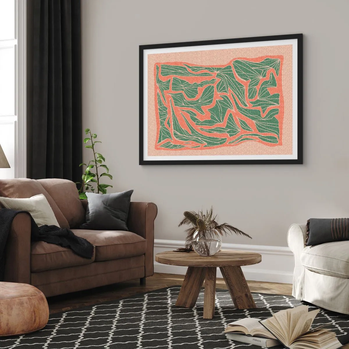 Affiche dans un cadre noir - Poster - Un motif végétal dans les tons de vert et d'orange - 70x50cm - La lutte entre le corail et la verdure - Décoration murale moderne pour le salon et la chambre ARTTOR