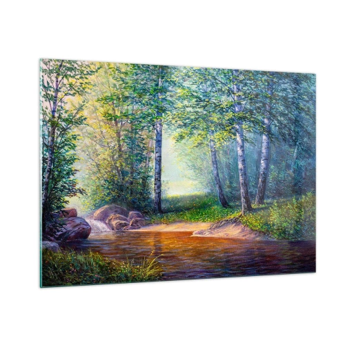 Impression sur verre - Image sur verre - Un ruisseau forestier entouré d'arbres sous les rayons du soleil - 100x70cm - Paysage idyllique - Décoration murale moderne pour le salon et la chambre ARTTOR