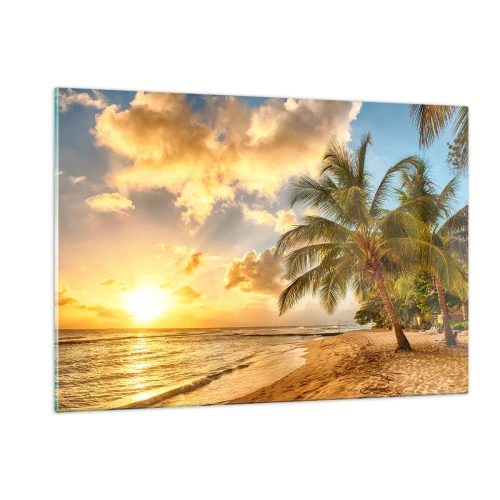 Impression sur verre - Image sur verre - Palm Beach au coucher du soleil avec des couleurs chaudes du ciel - 120x80cm - Été éternel, toujours des vacances - Décoration murale moderne pour le salon et la chambre ARTTOR