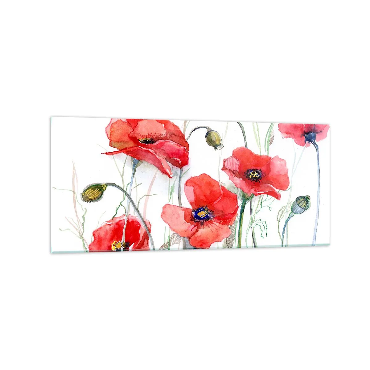 Impression sur verre - Image sur verre - Coquelicots à l'aquarelle sur un fond délicat - 120x50cm - Fleurs polonaises - Décoration murale moderne pour le salon et la chambre ARTTOR