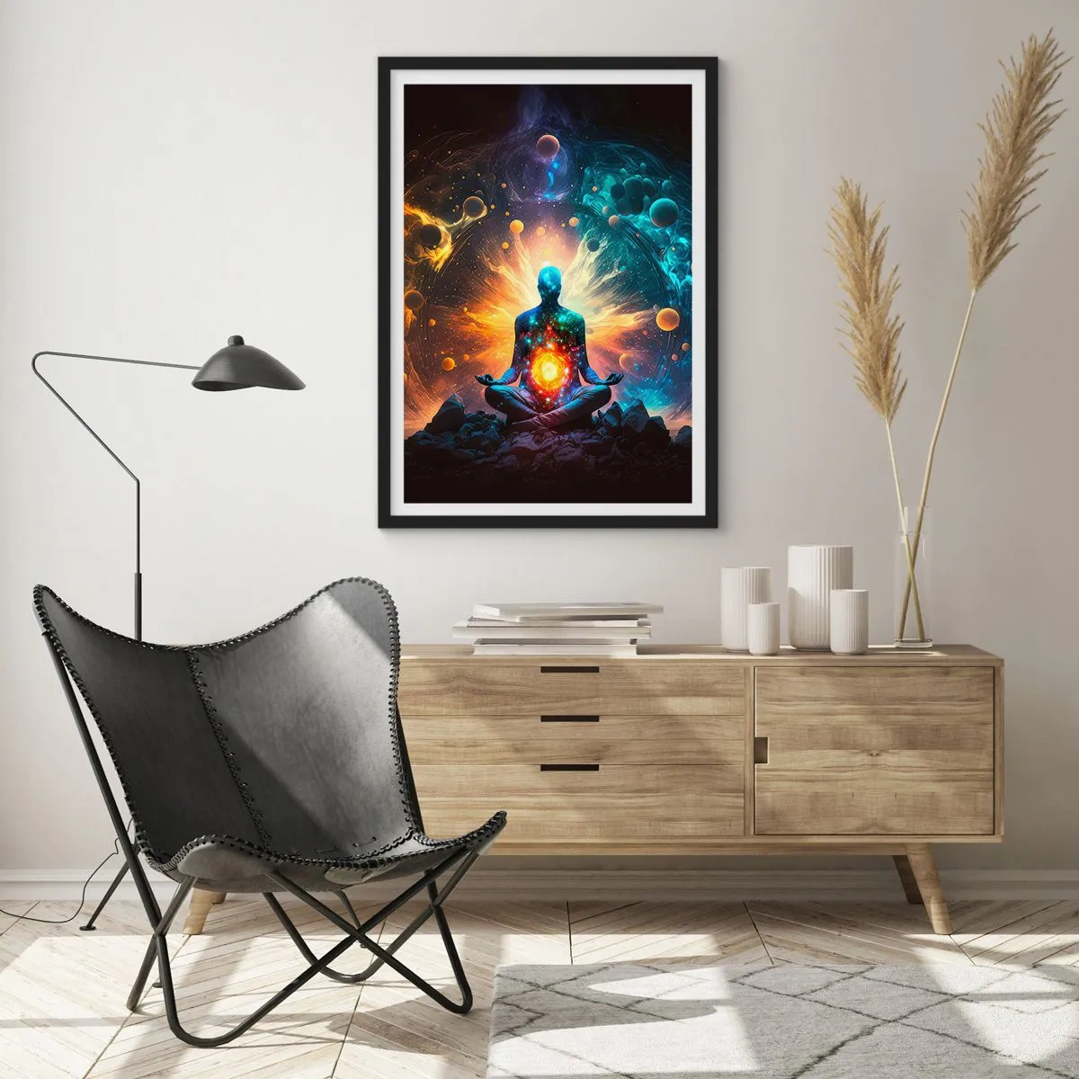 Affiche dans un cadre noir - Poster - Une figure méditante dans une aura cosmique pleine d'énergie - 50x70cm - Paix cosmique - Décoration murale moderne pour le salon et la chambre ARTTOR