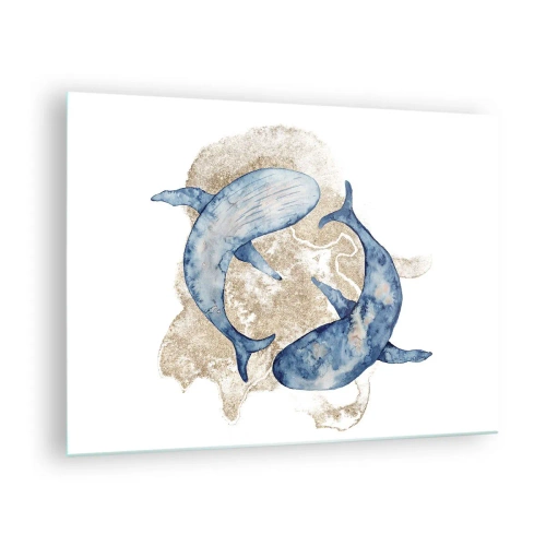 Impression sur verre - Image sur verre - Deux baleines bleues sur un fond de taches dorées abstraites - 70x50cm - Amis ou amoureux? - Décoration murale moderne pour le salon et la chambre ARTTOR