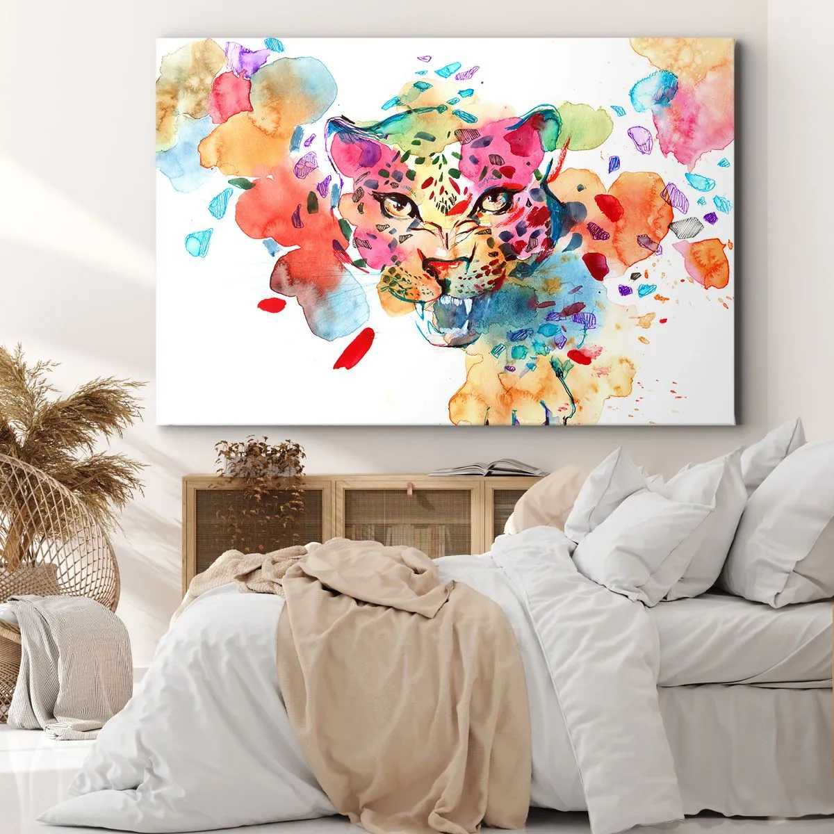 Impression sur toile - Image sur toile - Portrait abstrait d'un léopard aux couleurs intenses - 120x80cm - La belle et la Bête - Décoration murale moderne pour le salon et la chambre ARTTOR