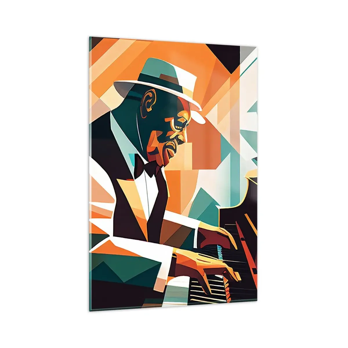 Impression sur verre - Image sur verre - Musicien abstrait jouant du piano dans des couleurs chaudes. - 80x120cm - C’est tout le jazz - Décoration murale moderne pour le salon et la chambre ARTTOR