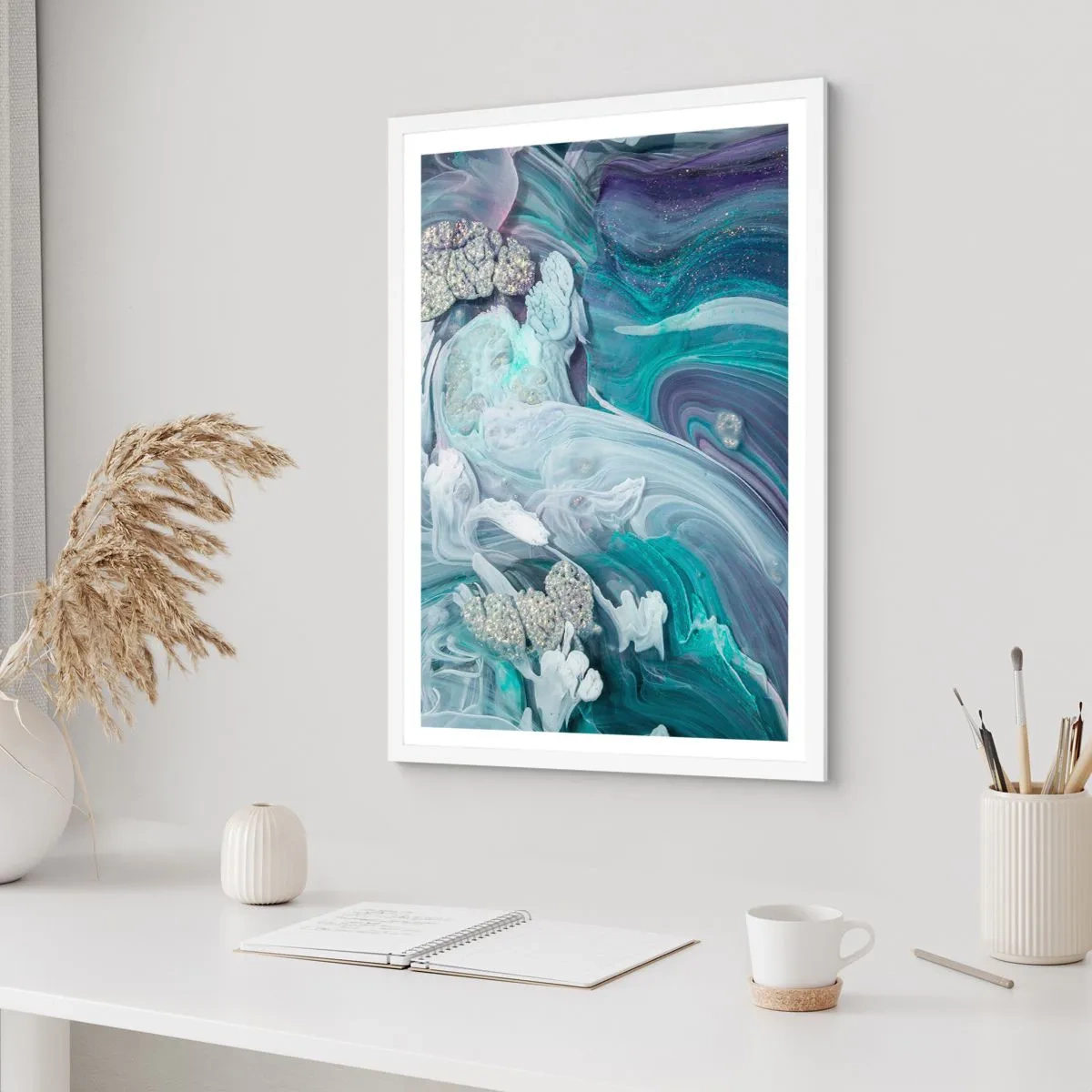 Affiche dans un cadre blanc - Poster - Courants bleus - 50x70 cm