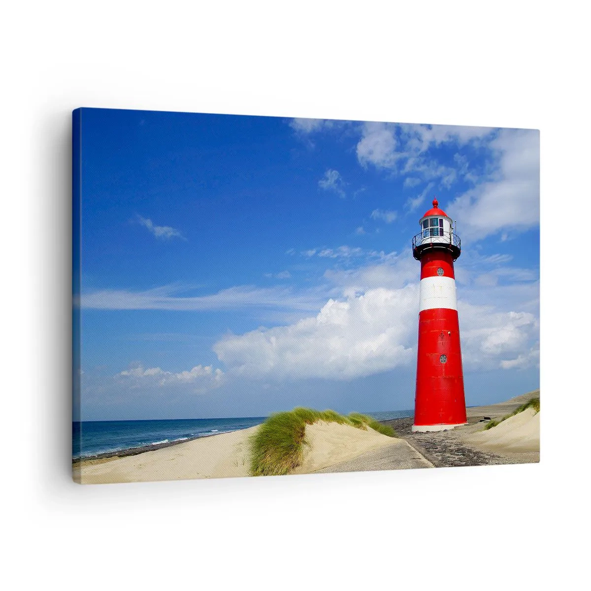 Impression sur toile - Image sur toile - Phare rouge sur la plage sous un ciel bleu - 70x50cm - Rêve de solitude - Décoration murale moderne pour le salon et la chambre ARTTOR