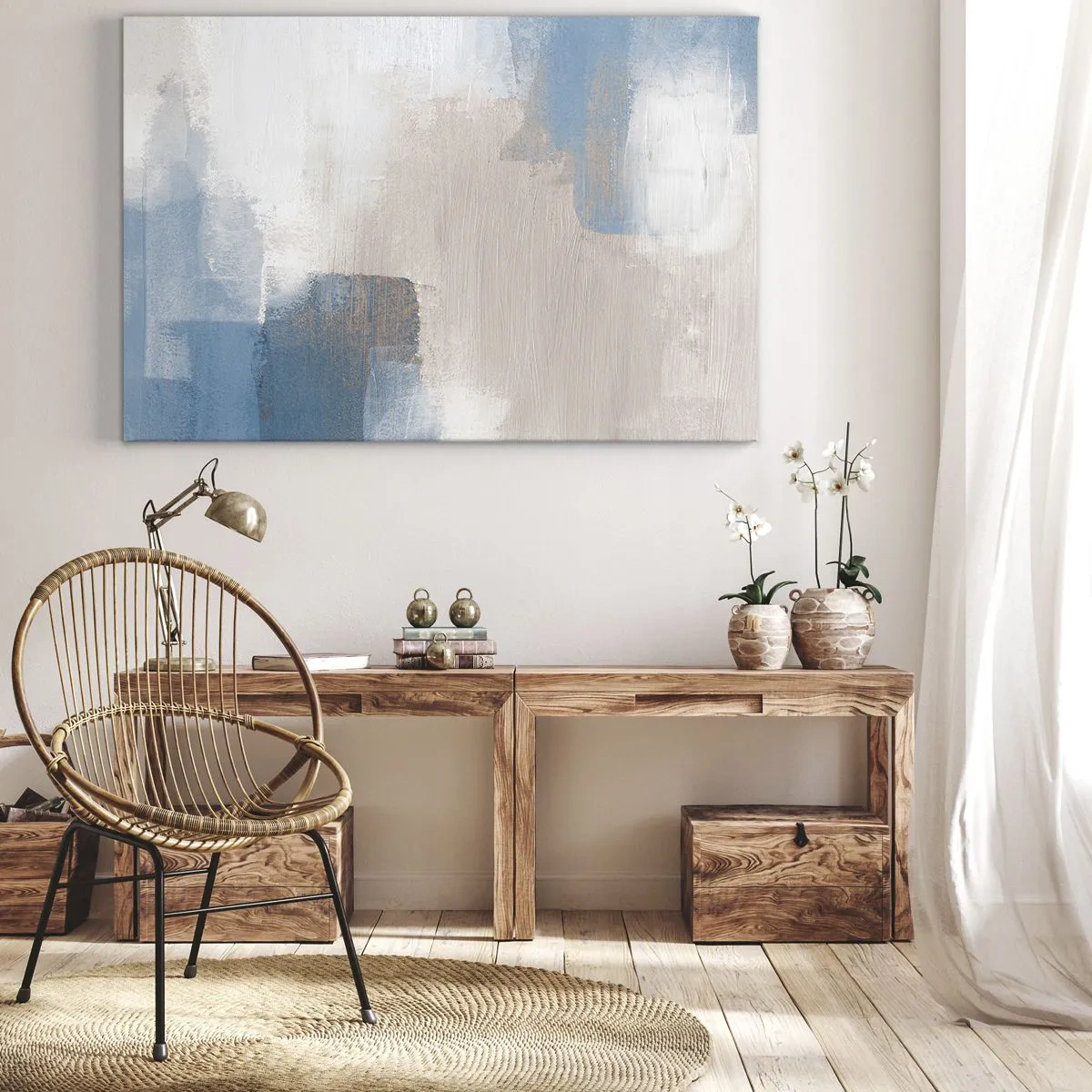 Impression sur toile - Image sur toile - Formes abstraites dans les tons de bleu et de beige - 120x80cm - Abstraction rose derrière un rideau de bleu - Décoration murale moderne pour le salon et la chambre ARTTOR