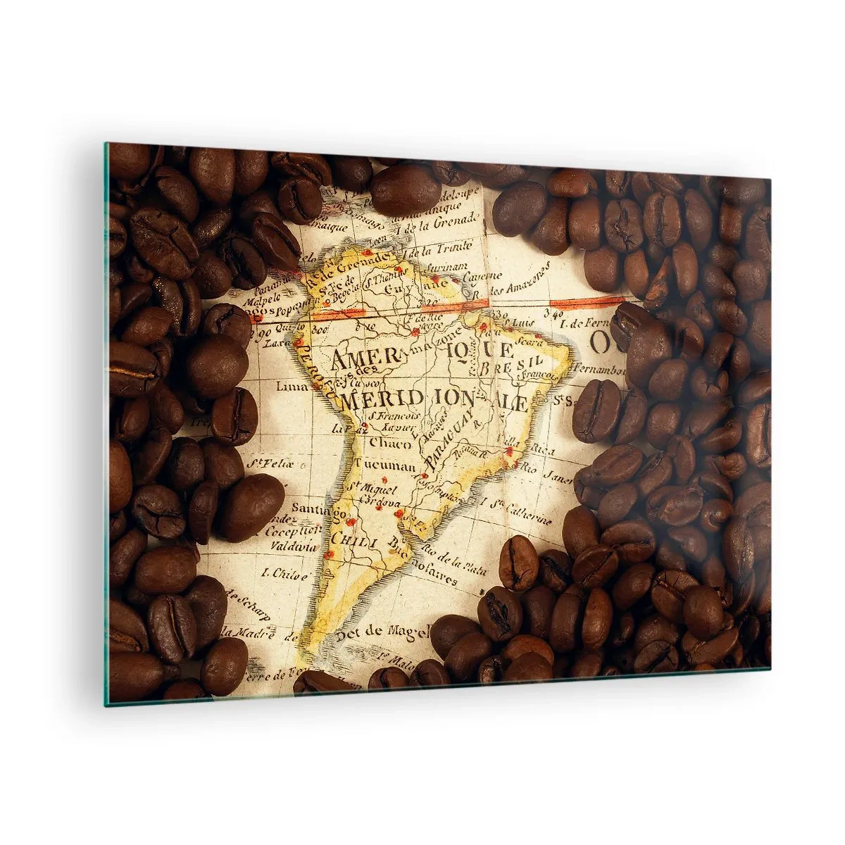 Impression sur verre - Image sur verre - Une carte de l'Amérique du Sud entourée de grains de café. - 70x50cm - D'où vient le meilleur café ? - Décoration murale moderne pour le salon et la chambre ARTTOR