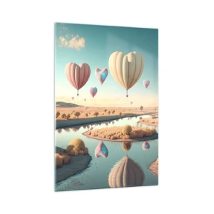 Impression sur verre - Image sur verre - Des ballons en forme de cœur flottant au-dessus du paysage - 70x100cm - L'amour te permet de t'élever - Décoration murale moderne pour le salon et la chambre ARTTOR