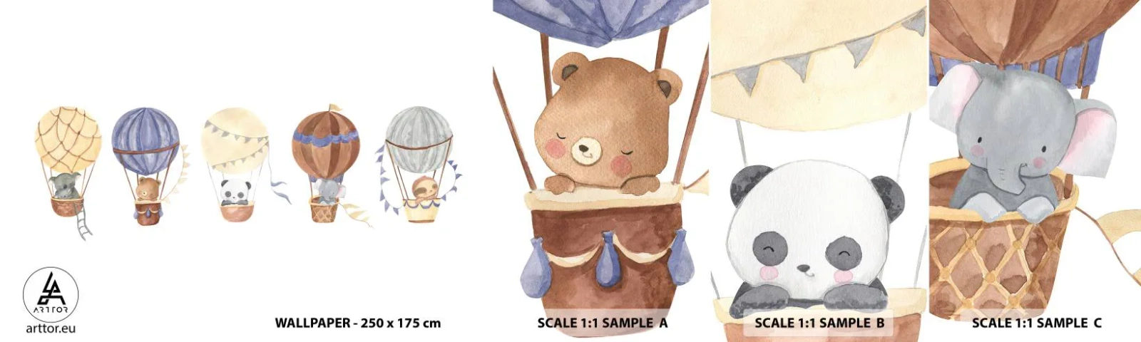 Échantillon de Papier Peint Autocollant Deluxe Sticker - Compagnons de voyage - des ballons, Animaux, Enfants - 100x30 cm