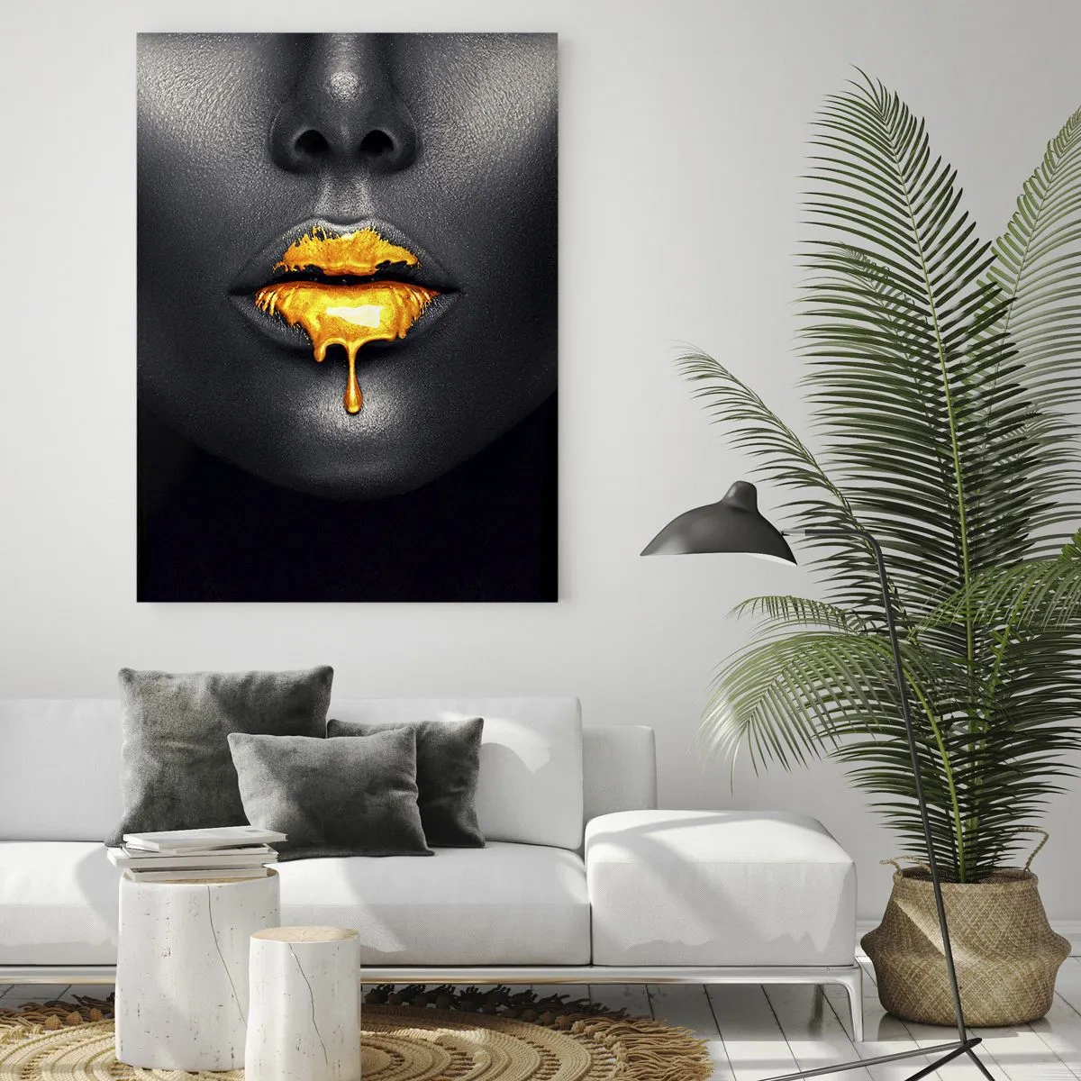 Impression sur verre - Image sur verre - Portrait noir et or d'une femme aux lèvres brillantes - 50x70cm - Bouche d'or - Décoration murale moderne pour le salon et la chambre ARTTOR