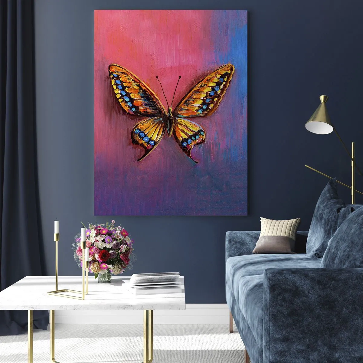 Impression sur verre - Image sur verre - Un papillon coloré sur un fond aux tons roses et violets - 50x70cm - Un joyau de la nature - Décoration murale moderne pour le salon et la chambre ARTTOR