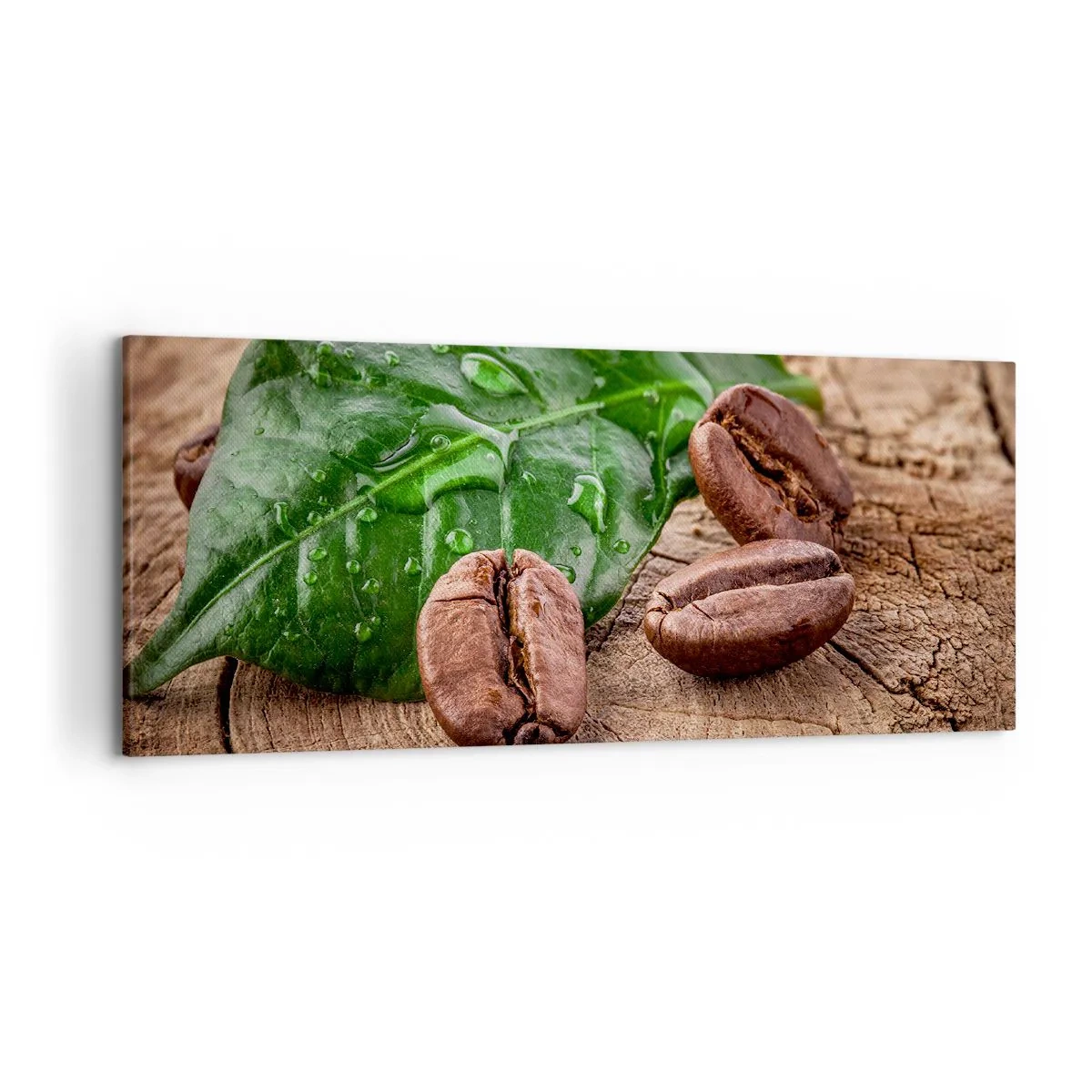 Impression sur toile - Image sur toile - Grains de café et feuille verte sur fond de bois - 120x50cm - La plus vraie et noire - Décoration murale moderne pour le salon et la chambre ARTTOR