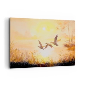 Impression sur toile - Image sur toile - Canards volant au lever du soleil au-dessus du lac - 120x80cm - Le début d'un long voyage - Décoration murale moderne pour le salon et la chambre ARTTOR