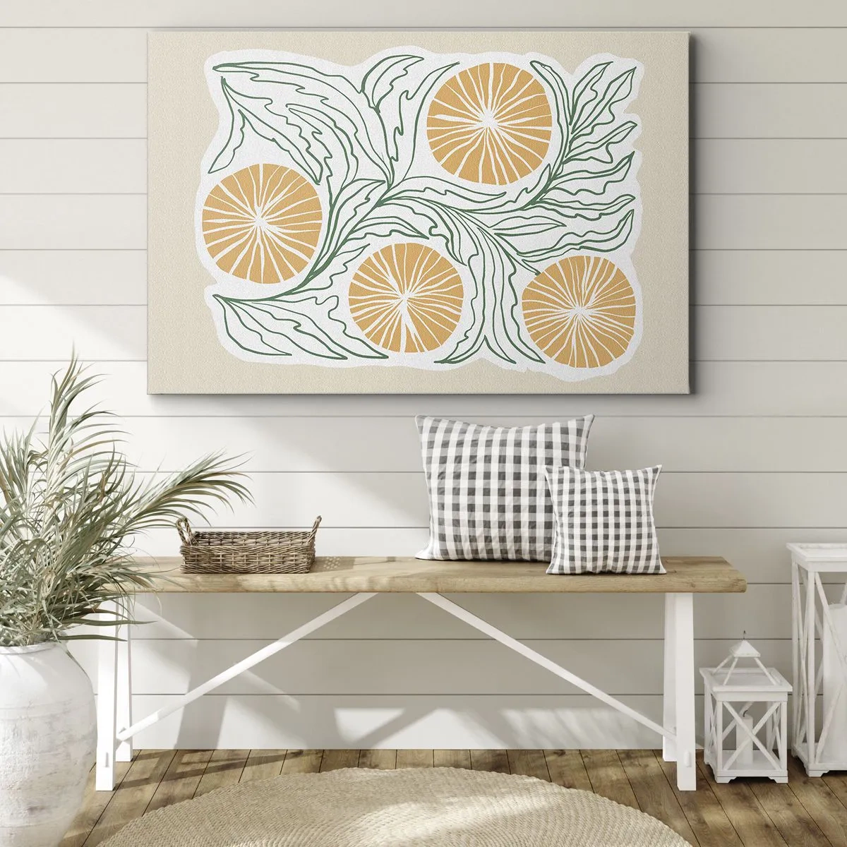 Impression sur toile - Image sur toile - Un motif orange minimaliste avec des feuilles vertes - 100x70cm - Ethnique avec une pointe d'abstraction - Décoration murale moderne pour le salon et la chambre ARTTOR