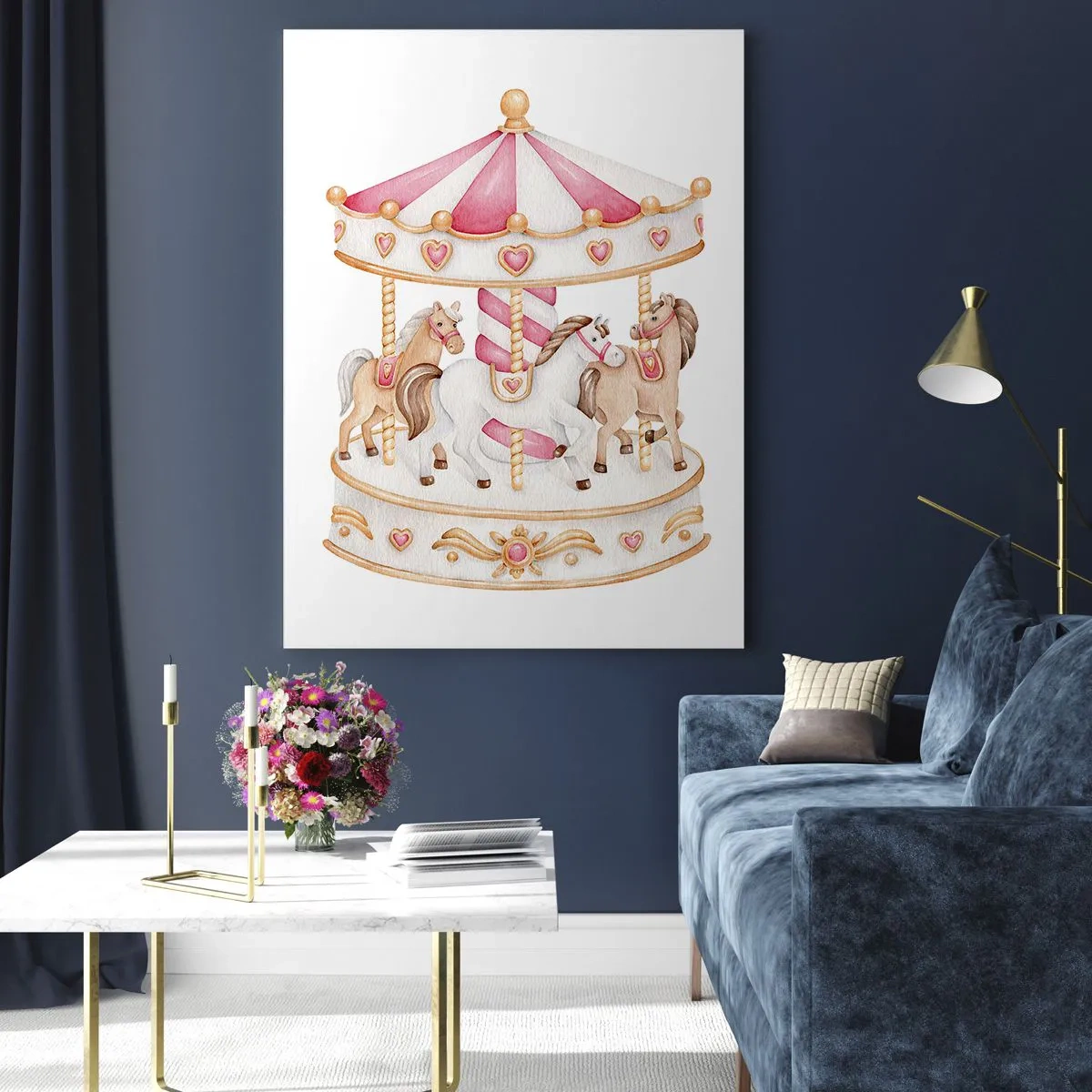 Impression sur verre - Image sur verre - Un carrousel rose avec des chevaux de style enfantin sur fond blanc - 50x70cm - Le doux monde de l'enfance - Décoration murale moderne pour le salon et la chambre ARTTOR