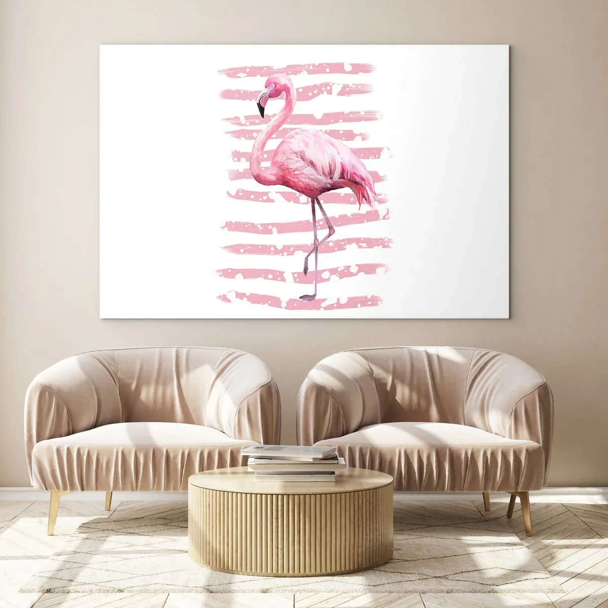 Impression sur verre - Image sur verre - Un flamant rose sur un fond de rayures roses artistiques. - 120x80cm - Avec dignité, bien qu'en rose - Décoration murale moderne pour le salon et la chambre ARTTOR