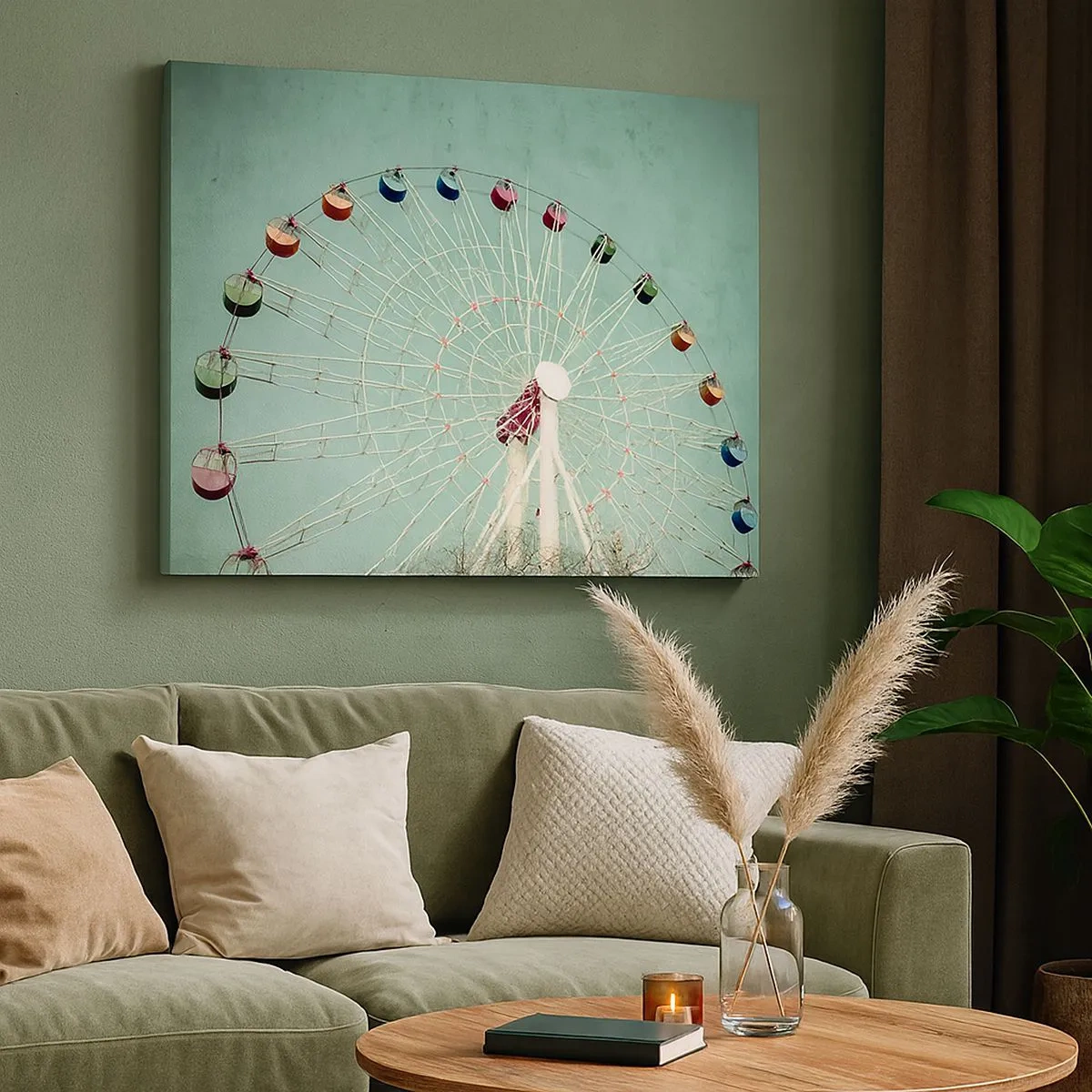 Impression sur toile - Image sur toile - Une grande roue colorée contre un ciel bleu dans un style rétro - 70x50cm - Nous vous invitons à vous amuser - Décoration murale moderne pour le salon et la chambre ARTTOR