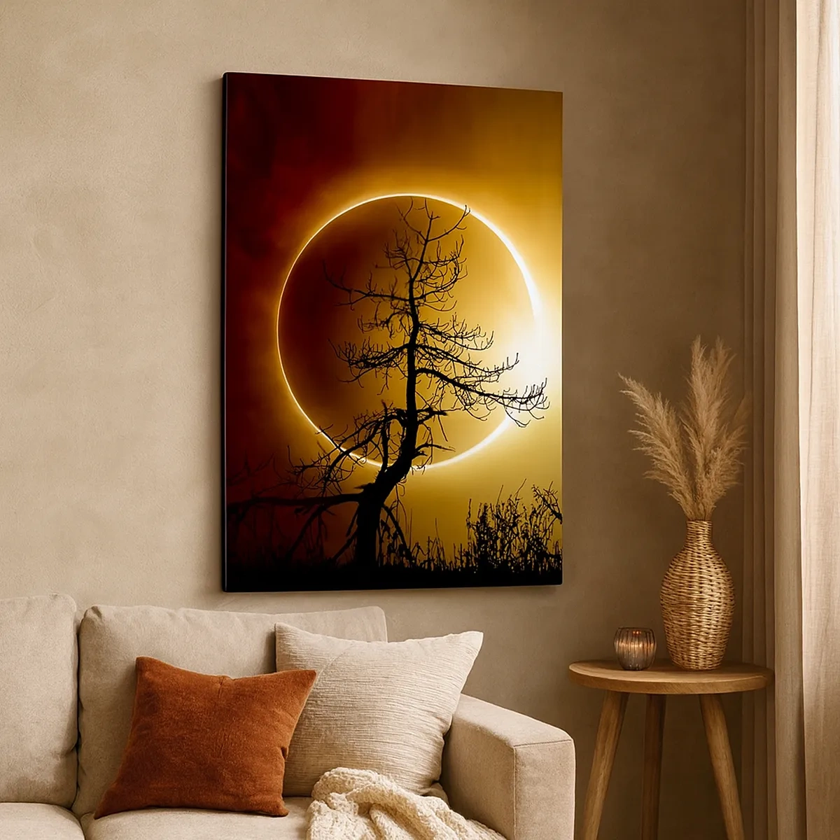 Impression sur toile - Image sur toile - Éclipse solaire avec une silhouette d'arbre au premier plan - 50x70cm - Éclipse totale - Décoration murale moderne pour le salon et la chambre ARTTOR