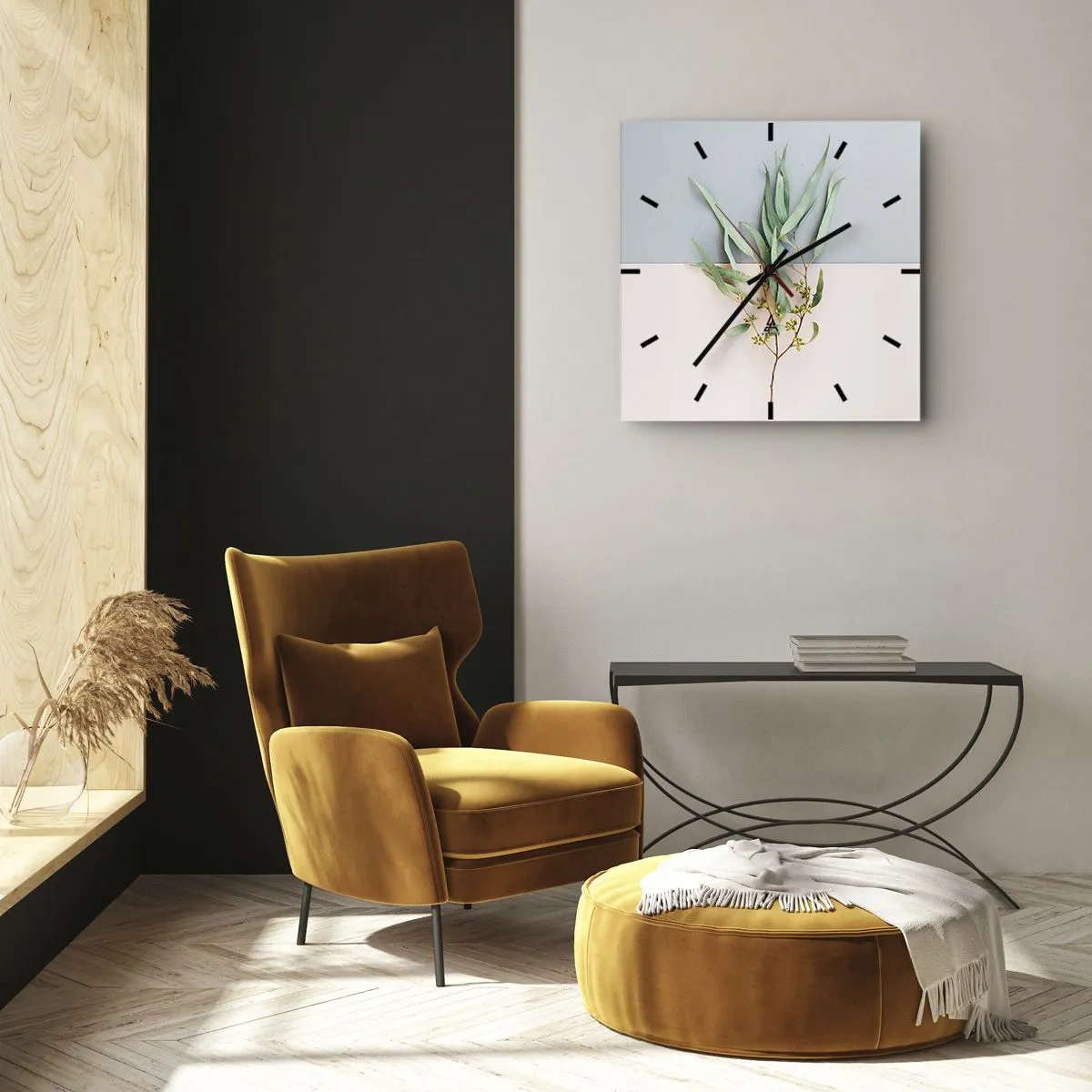 Horloge murale - Pendule murale - Une branche avec des feuilles sur un fond de tons pastel - 30x30cm - Subtilité pastel - Décoration murale moderne pour le salon et la chambre ARTTOR