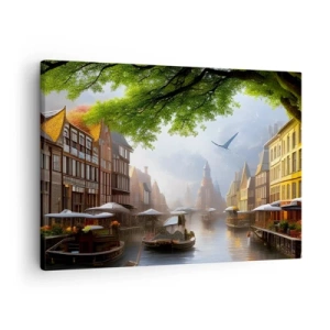 Impression sur toile - Image sur toile - Un paysage hollandais pittoresque avec un canal et des maisons de rapport - 70x50cm - Paysage urbain néerlandais - Décoration murale moderne pour le salon et la chambre ARTTOR